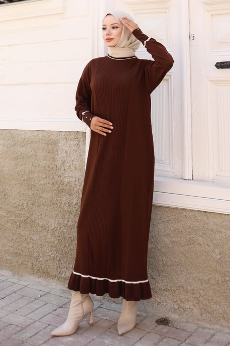 Stein Detailed Cuff Strick Kleid Braun - Image 1