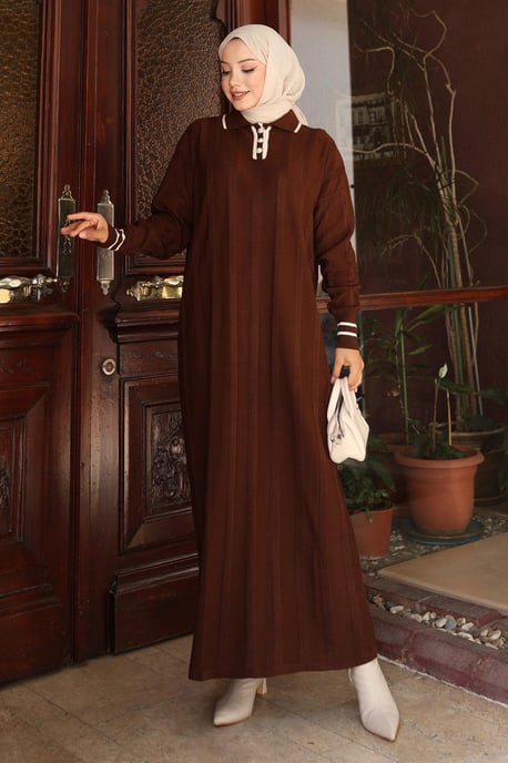 Knopf Detailed Strick Kleid Braun - Image 2