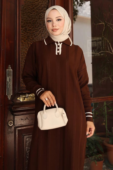 Knopf Detailed Strick Kleid Braun - Image 4