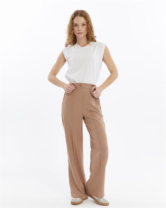 Damen Doppelt Krepp Grasnaht Detailed Tasche Palazzo-Hose Nerz - Image 2