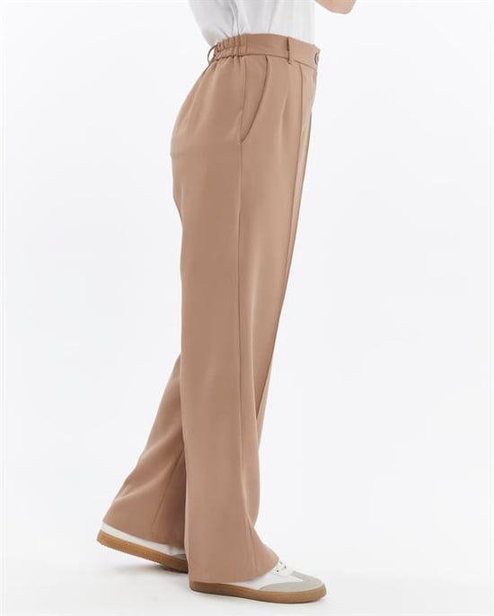 Damen Doppelt Krepp Grasnaht Detailed Tasche Palazzo-Hose Nerz - Image 4
