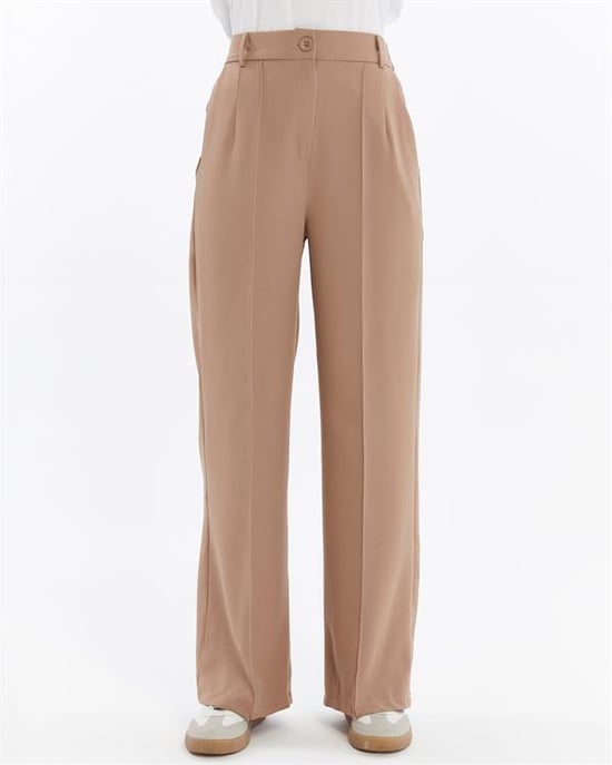 Damen Doppelt Krepp Grasnaht Detailed Tasche Palazzo-Hose Nerz - Image 5