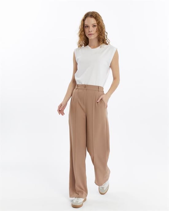 Damen Doppelt Krepp Grasnaht Detailed Tasche Palazzo-Hose Nerz - Image 6