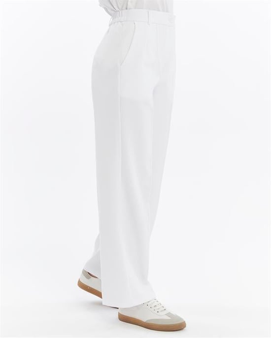 Damen Doppelt Krepp Grasnaht Detailed Mit Taschen Palazzo-Hose Weiß - Image 4