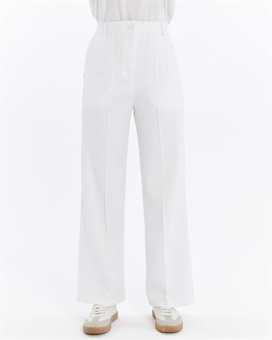 Damen Doppelt Krepp Grasnaht Detailed Mit Taschen Palazzo-Hose Weiß - Image 5