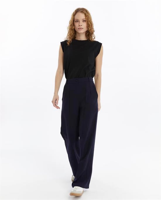 Damen Doppelt Krepp Grasnaht Detailed Mit Taschen Palazzo-Hose Marineblau - Image 1