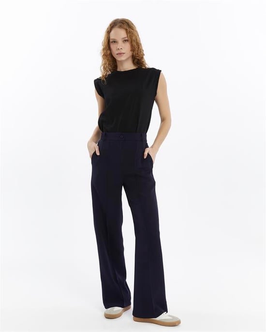 Damen Doppelt Krepp Grasnaht Detailed Mit Taschen Palazzo-Hose Marineblau - Image 2