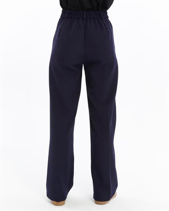 Damen Doppelt Krepp Grasnaht Detailed Mit Taschen Palazzo-Hose Marineblau - Image 4