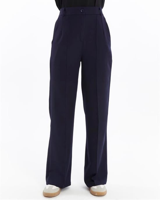 Damen Doppelt Krepp Grasnaht Detailed Mit Taschen Palazzo-Hose Marineblau - Image 5