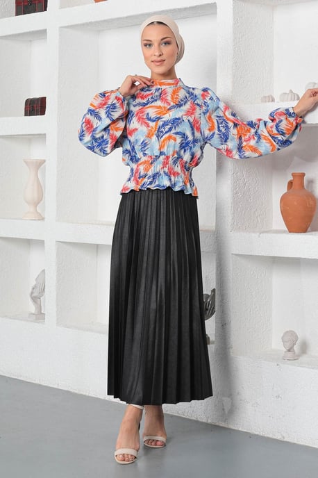 Gemustert Elastisch Bluse Blau - Image 1