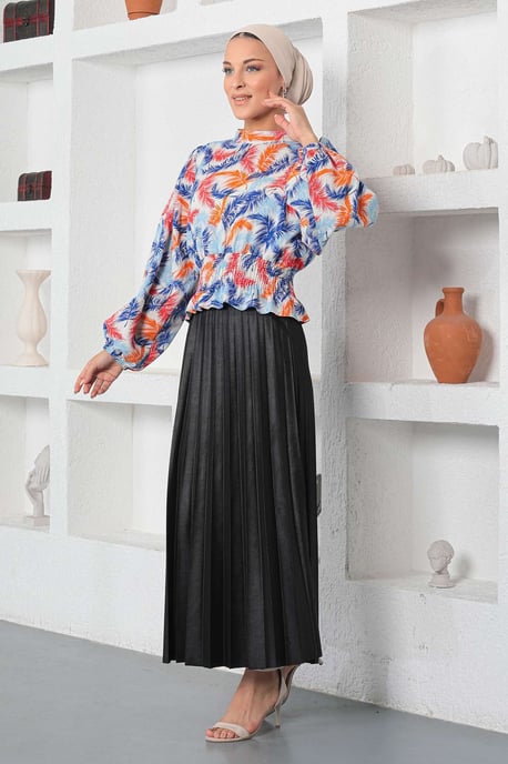 Gemustert Elastisch Bluse Blau - Image 2