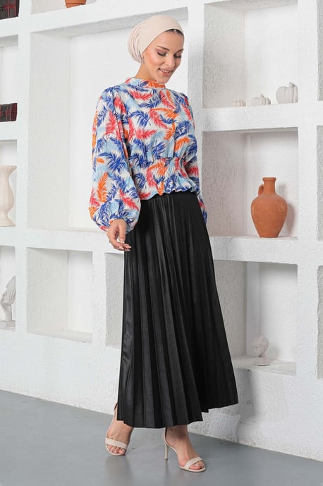 Gemustert Elastisch Bluse Blau - Image 3
