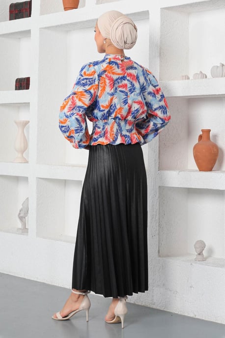 Gemustert Elastisch Bluse Blau - Image 4