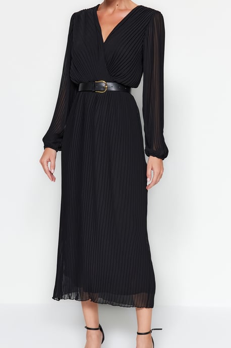 Dunkelblaues, einfarbiges Maxikleid für Damen, langes Businesskleid in normaler Passform - Image 3