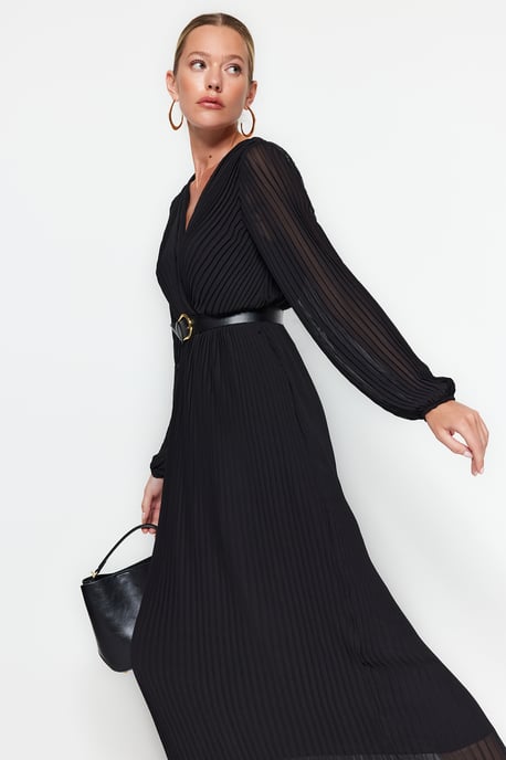 Dunkelblaues, einfarbiges Maxikleid für Damen, langes Businesskleid in normaler Passform - Image 4