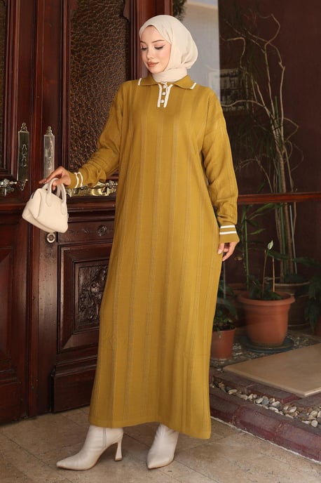Knopf Detailed Strick Kleid Khaki - Image 2