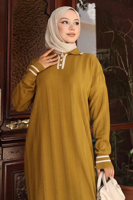 Knopf Detailed Strick Kleid Khaki - Image 4