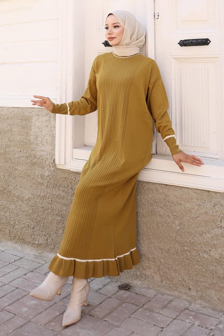 Stein Detailed Cuff Strick Kleid Khaki - Image 2