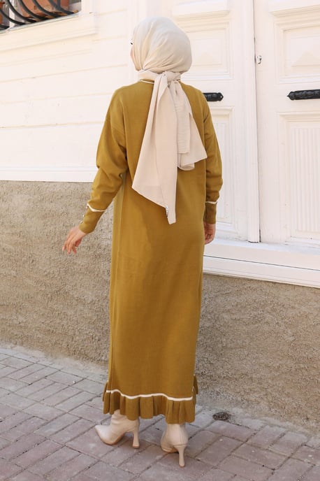 Stein Detailed Cuff Strick Kleid Khaki - Image 3