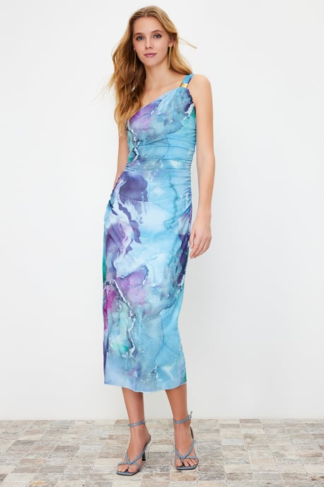Abstraktes Midi-Kleid für Damen mit One-Shoulder-Ausschnitt, lässig, figurbetont - Image 1