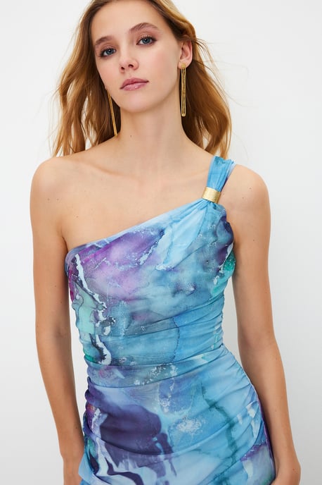 Abstraktes Midi-Kleid für Damen mit One-Shoulder-Ausschnitt, lässig, figurbetont - Image 2