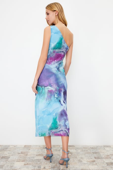 Abstraktes Midi-Kleid für Damen mit One-Shoulder-Ausschnitt, lässig, figurbetont - Image 3