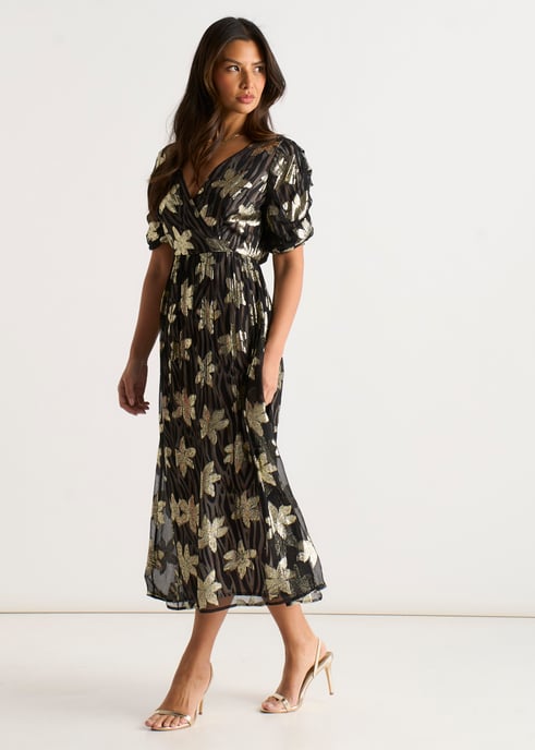 Schwarzes Wickelkleid mit Blumenmuster und Lurex-Akzenten - Image 3