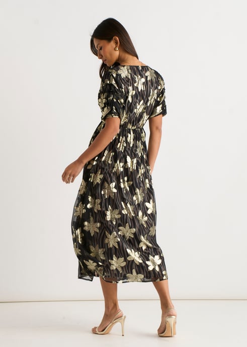 Schwarzes Wickelkleid mit Blumenmuster und Lurex-Akzenten - Image 4