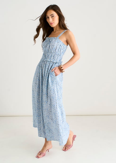 Midi-Kleid mit blauem Oberteil mit kleinen Blumenmustern und Raffungen - Image 3
