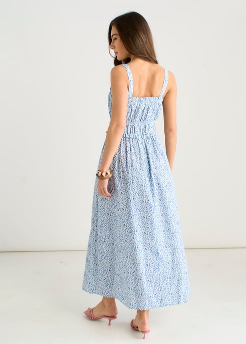 Midi-Kleid mit blauem Oberteil mit kleinen Blumenmustern und Raffungen - Image 4