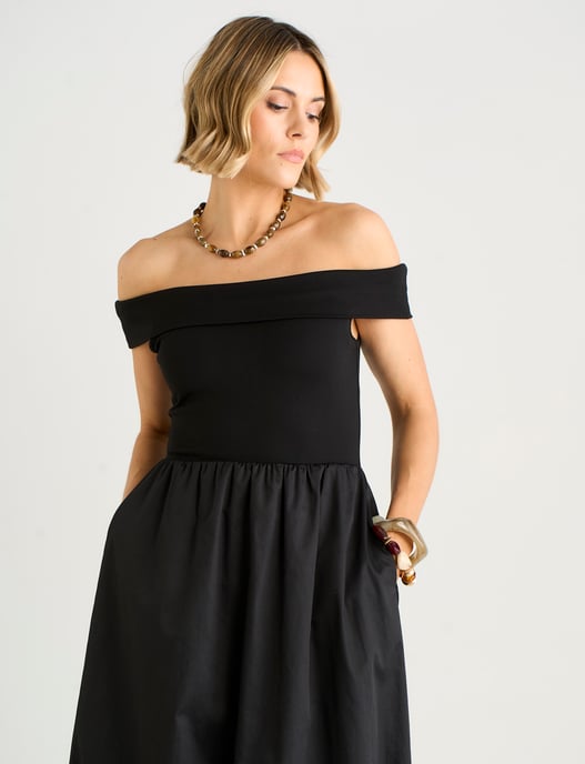 Schwarzes Midi-Kleid aus Jersey-Mix mit Puffärmeln im Bardot-Stil - Image 2