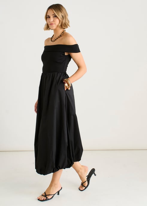 Schwarzes Midi-Kleid aus Jersey-Mix mit Puffärmeln im Bardot-Stil - Image 3
