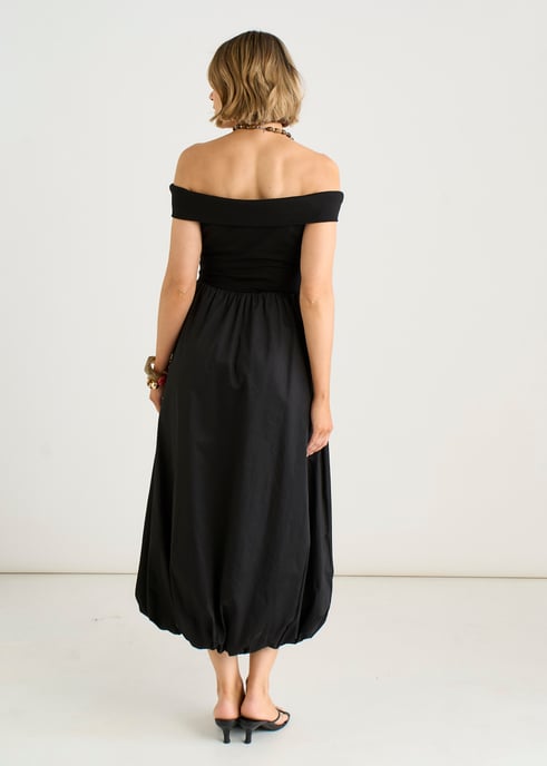 Schwarzes Midi-Kleid aus Jersey-Mix mit Puffärmeln im Bardot-Stil - Image 4