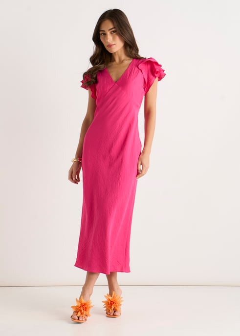 Rosa Midi-Kleid mit V-Ausschnitt, Rüschen und Schrägschnitt - Image 1