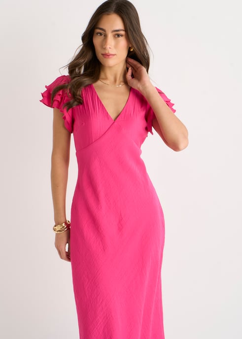 Rosa Midi-Kleid mit V-Ausschnitt, Rüschen und Schrägschnitt - Image 2