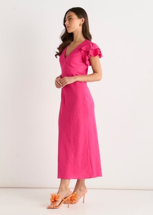 Rosa Midi-Kleid mit V-Ausschnitt, Rüschen und Schrägschnitt - Image 3