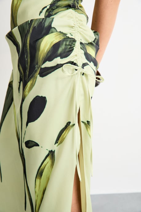 Placement Print Crinkle Satin Ruched Midi Dress - Image 2