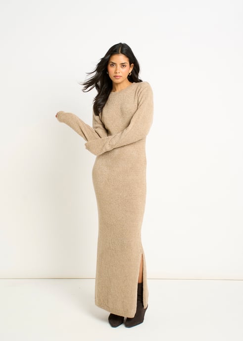 Figurbetontes Maxikleid aus Bouclé-Jersey in Haf Figurbetontes erbeige - Image 1