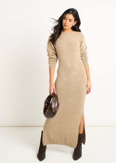 Figurbetontes Maxikleid aus Bouclé-Jersey in Haf Figurbetontes erbeige - Image 3