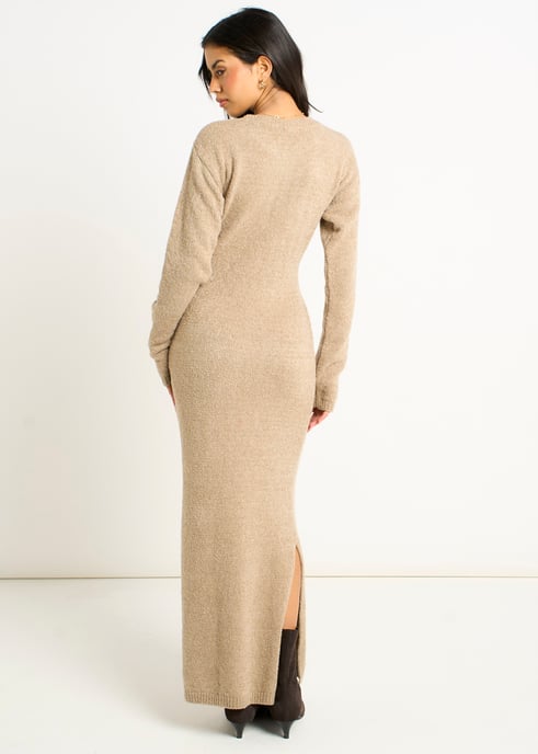 Figurbetontes Maxikleid aus Bouclé-Jersey in Haf Figurbetontes erbeige - Image 4