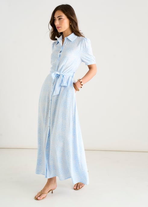 Maxikleid aus Baumwollmischung mit blauem Fliesenmuster und durchgehender Knopfleiste - Image 3