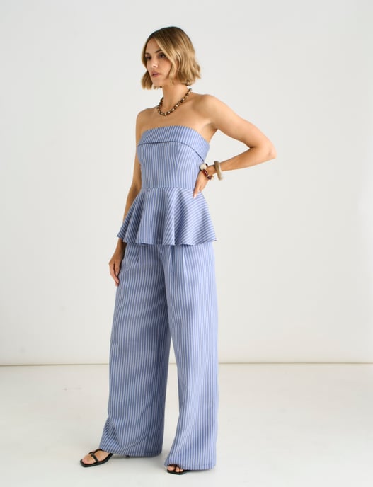 Blaue elegante Hose mit weitem Bein und Falten vorne - Image 3