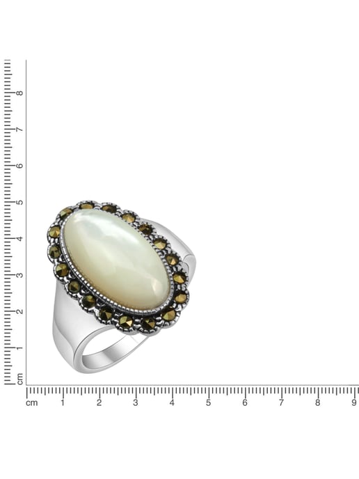 Zeeme Gemstones Ring Silber 925 oxydiert mit weißem Perlmutt und 18 Markasit-Steinen - Image 3