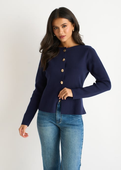 Marineblaue Strickjacke mit goldenen Knöpfen und Rippmuster - Image 2