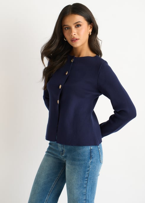 Marineblaue Strickjacke mit goldenen Knöpfen und Rippmuster - Image 3