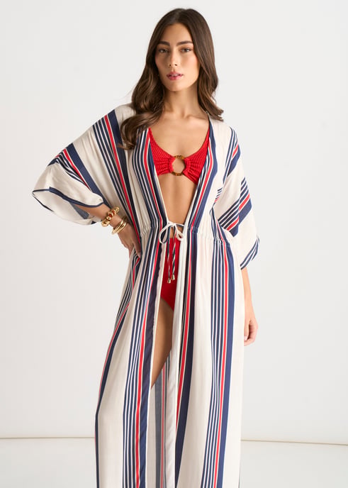 Kimono-Strandkleidung mit mehrfarbigen Streifen und Krawatten-Detail - Image 2