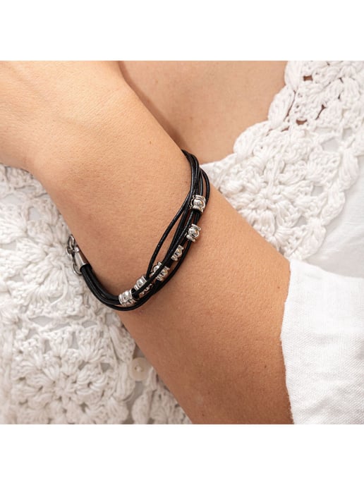 Zeeme Stainless Steel Armband Leder schwarz mit Stahlkugeln 19,5+2cm lang - Image 1
