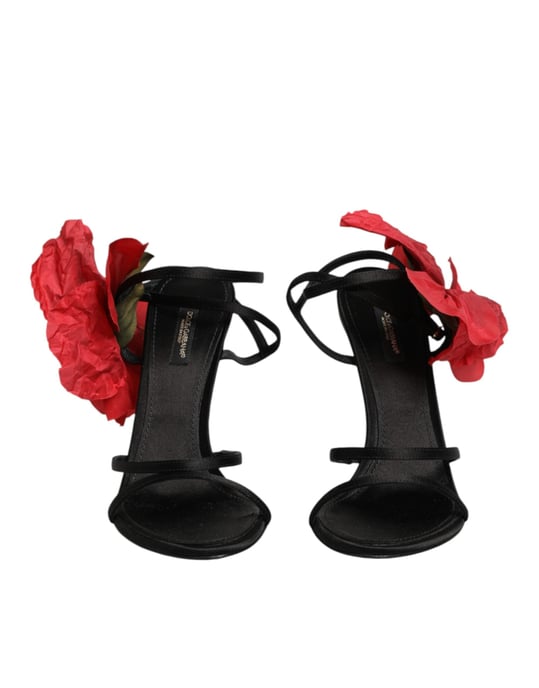 Dolce & Gabbana Schwarze Leder Sandalen mit Blumen-Absätzen - Image 3