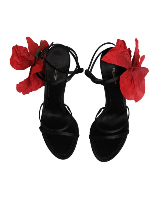 Dolce & Gabbana Schwarze Leder Sandalen mit Blumen-Absätzen - Image 4