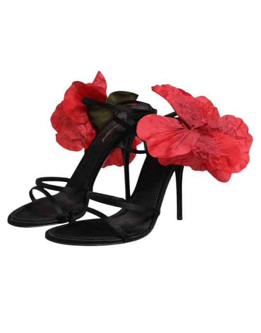 Dolce & Gabbana Schwarze Leder Sandalen mit Blumen-Absätzen - Image 5
